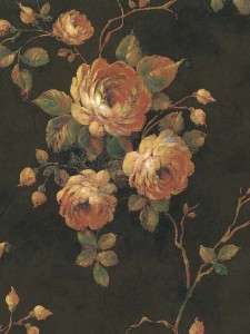 Wallpaper Victorian Roses Floral On Dark Green Crackle  