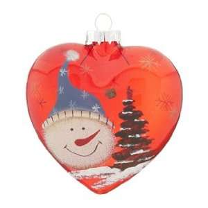 Personalized Red Glass Heart Snowman   Blue Hat Christmas Ornament 