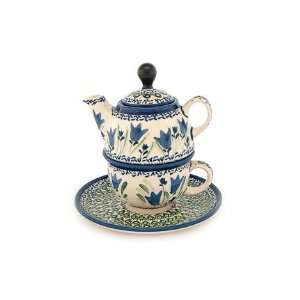    Polish Pottery Blue Tulip Individual Teapot & Cup
