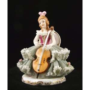  German Dresden Porcelain Fired Lace Figurine Musician Playing Cello 