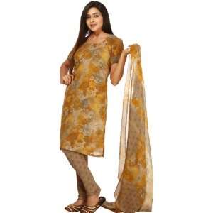  Mustard Salwar Kameez Suit with Printed Flowers   Chiffon 