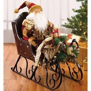 NEW Christmas Santa Sitting With Gift Bag on Trimmed Sleigh  