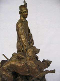   SOLID ORGINAL BRONZE SCULPTURE. ABSTRACT ghillie with two deerhounds