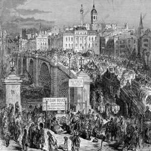 Etching of London Bridge, Densely Crowded with Pedestrians and Horse 
