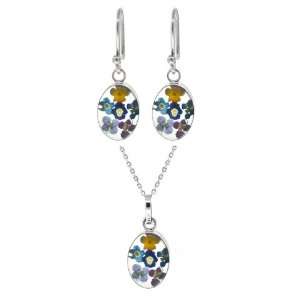   Pressed Flower Oval Earrings and Matching Pendant Set, 16 Jewelry