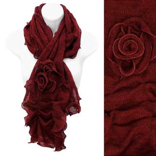   Layer Ruffle Edge Knit Scarf with Corsage Flower Wine Red  
