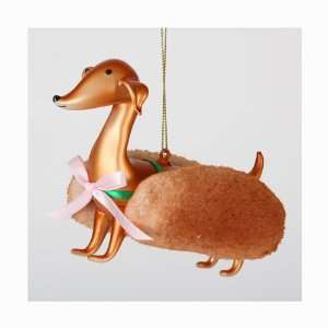   Glass Dachshund in Hot Dog Bun Christmas Ornament