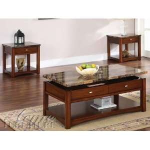  Jas Cherry Finish Coffee/End Table w/Faux Marble Lift Top 