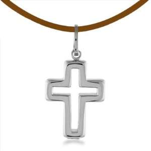  14K White Gold Cross Pendant & Leather Necklace 17 