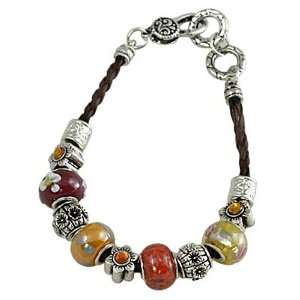  Brown Cord Silvertone Morano Beads Sliding Charm Bracelet 