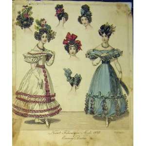 1829 Womens Fashion Evening Dresses Hat Colour Print 