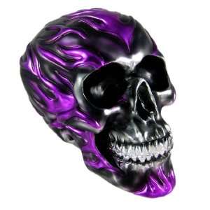  Metallic Black Human Skull Statue Figure Purple Flames 