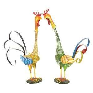    Set of Two Decorative Metal Rooster Sculptures