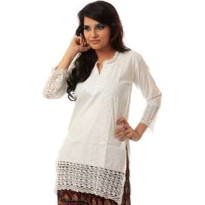  White Kurti with Lukhnavi Chikan Embroidery and Lacework 