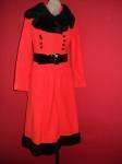 VINTAGE 60S Red Black Fur Collar Hem Jackie O 100% Wool Snow Bunny 