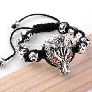 color Gothic Punk Rock Crystal Wolf Head Disco Ball Beads Bracelet 