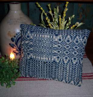 Primitive Antique Vtg Blue Wool Woven Coverlet Pillow  