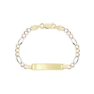 14k Tricolor Gold, Pave Figaro Links ID Kids to Young Adult Bracelet 