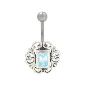  Antique Flower Design Belly Ring with Light Blue Jewel 