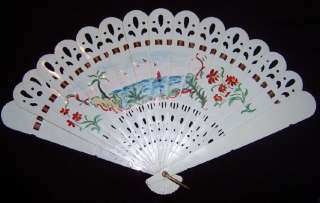 VINTAGE HANDPAINTED LANDSCAPE PIERCE CELLULOID FAN  