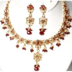Burgundy Polki Necklace and Earrings Set with Cut Glass   Copper Alloy 