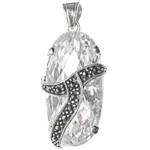  Sterling Silver Pendant with Clear CZ and Marcasite   Size 