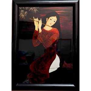 Vietnamese Lacquer Paintings   24 x 32 Young Girl Playing Flute 