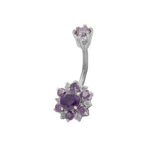 PURPLE Detailed Multi jeweled Flower Belly Button Ring Stainless Steel 