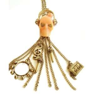 Music Pink Stone Skull Charm Fringe Necklace Jewelry