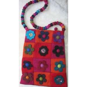  Red Flowered Felted Wool Handbag with Wool Bead Handle 