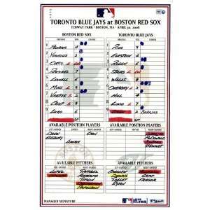  Blue Jays at Red Sox 4 30 2008 Game Used Lineup Card 