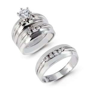    14k Pure White Gold CZ Stone Channel Wedding Ring Trio Jewelry