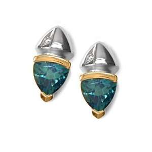   Trillion Cut Green Quartz and Round Diamond Earrings Gold and Diamond