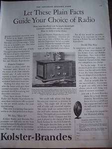 1926 Antique Kolster Brandes Radio Ad  