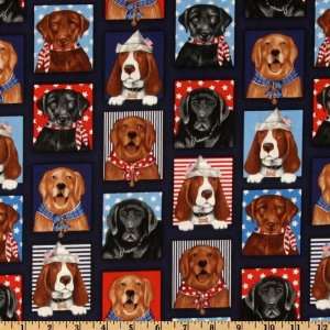   Wide Red White and Blue Dog Patches Americana Navy Fabric By The Yard