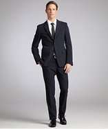 Prada blue stretch cotton 2 button suit with flat front pants style 