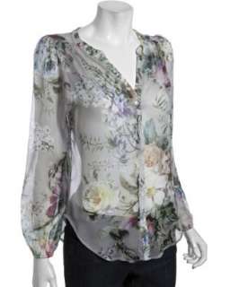 Wyatt grey floral silk chiffon button front blouse   