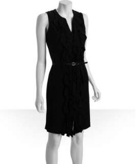 Calvin Klein black knit jersey sleeveless ruffle belted dress 