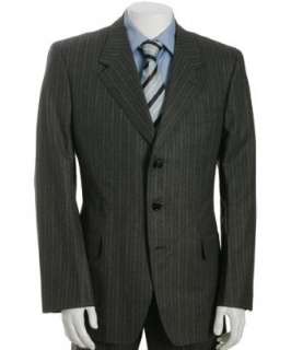 style #300788102 grey multi striped wool 3 button suit with flat front 