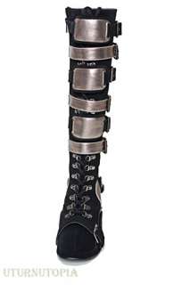 Black Silver Knee High Panel Strapped Boots Gogo Retro Cosplay 