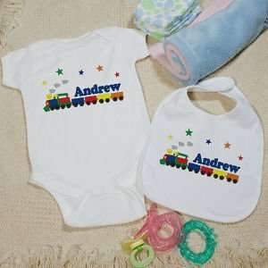  New Baby All Aboard Baby Train Creeper and Bib Gift Set 