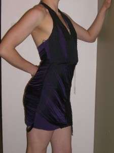 BEBE Purple Camilla Black Fringe Sequin Halter Top Dress, NWT $169 