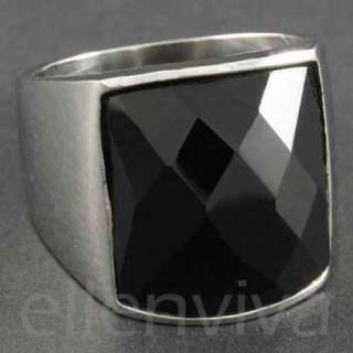 Mens Black Stone Square Cut S. Steel Ring Size 6 Chrome Silver Tone 