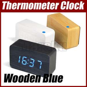 Blue LED Wood Wooden Digital Alarm Clock DC input/USB/battery+ 