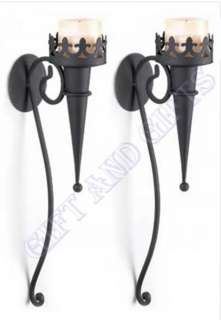 SET OF 2 MATTE BLACK METAL IRON MEDIEVAL DECOR GOTHIC TORCH CANDLE 