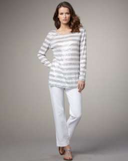 Sequined Striped Tunic & Slim Ponte Ankle Pants, Petite