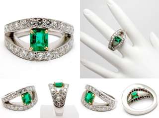 Estate Natural Muzo Colombian Emerald & Diamond Ring Solid Platinum 