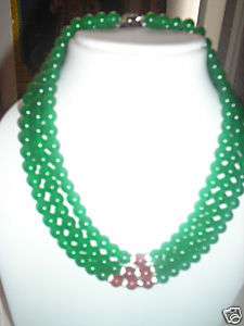 BEAUTIFULL 3 STRAND EMERALD JADE CORAL NECKLACE 17 INCH  