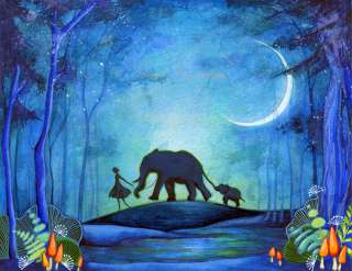 Animal Elephant & Girl Silhouette~Night Jungle Safari Watercolor 