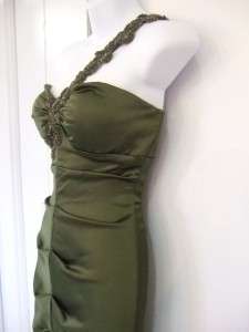 XSCAPE green stretch satin 1 shoulder dress $198 NWT 12  
